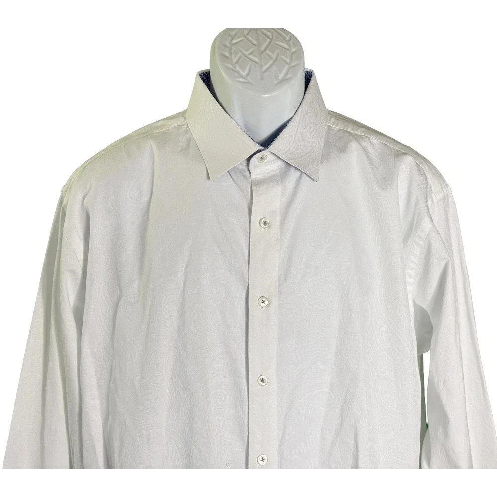 Bugatchi Button Down Shirt Mens XL White Paisley Jacquard Classic Fit LS